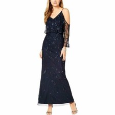 $299 Adrianna Papell Twilight Blue Sequin Beaded Cold Shoulder Gown 8 NWT A284