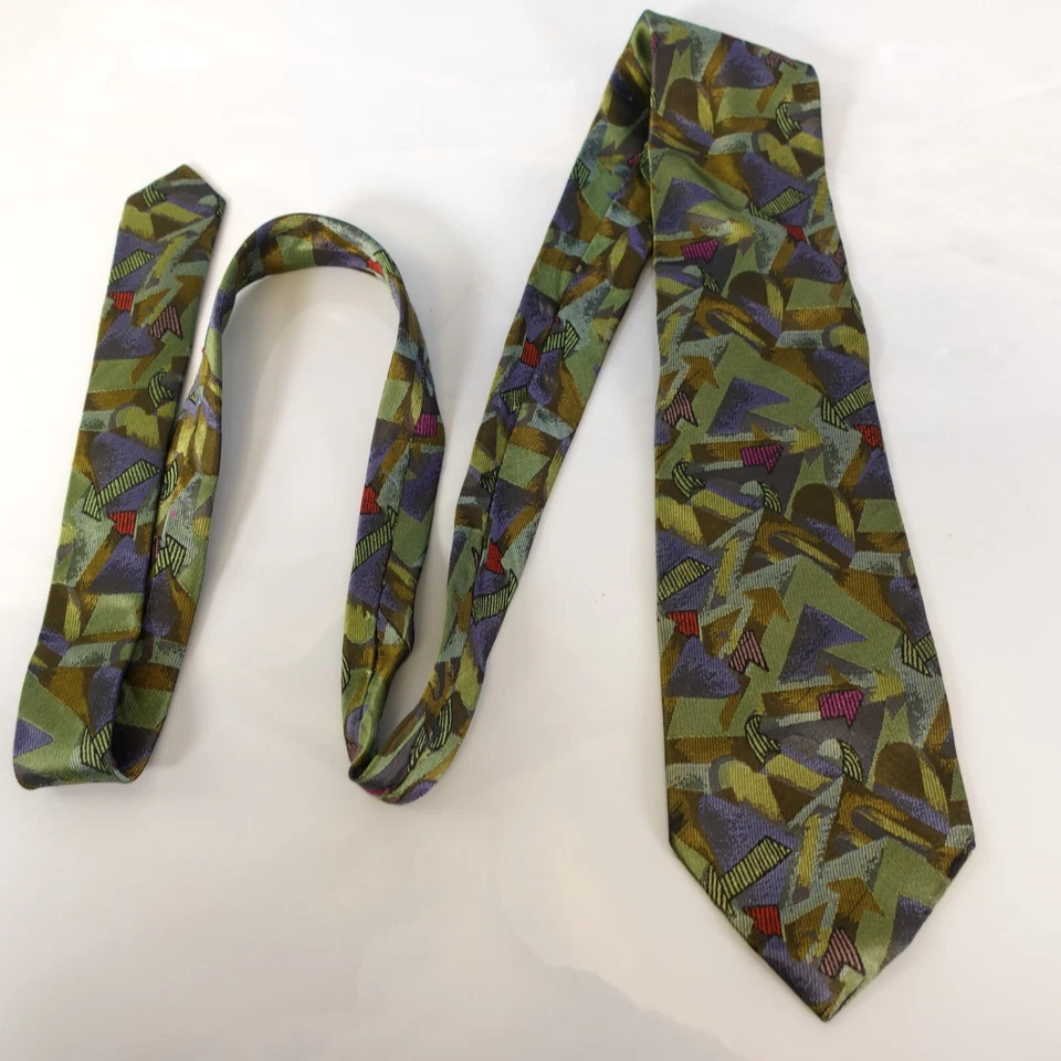 Corbata de cuello Mission para hombre verde geométrica seda lujo ejército retazos arte raro Italia Foto 3 de 4
