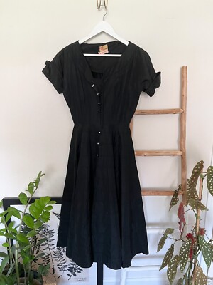 Vintage 1950s R&K Black Flare Dress Rhinestones VTG Mary Sachs 24" Waist |  eBay