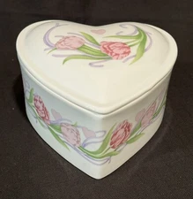 Vintage Heart Shaped Trinket Box FTD Especially For You Floral Tulips Ceramic