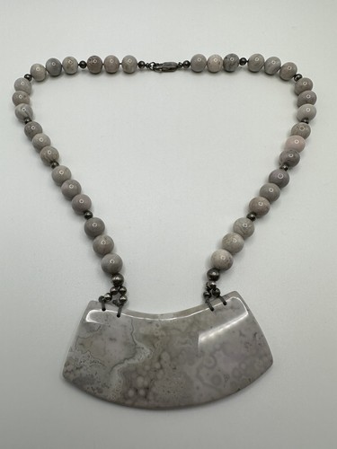 Collar babero vintage grande de plata esterlina gris ágata pasarela 16" - Imagen 9 de 17