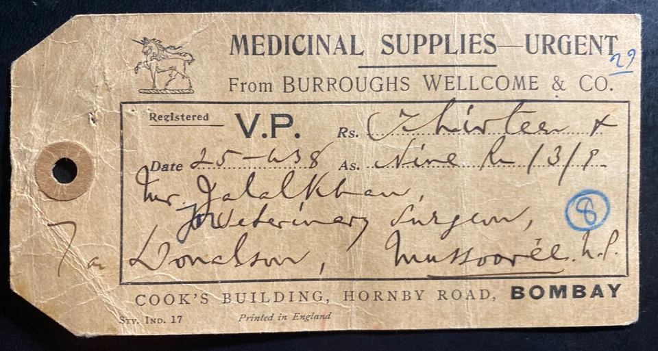 1938 Bombay India Medical Supplies Tag Label Cover To Musooree - Image 2 of 3