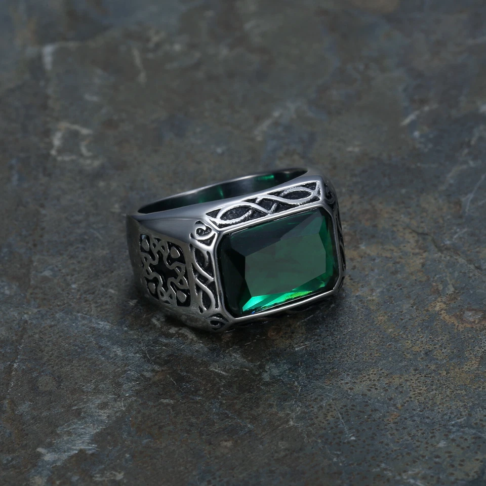 Anillos de piedras preciosas verdes ovaladas cruz vikinga de acero inoxidable para hombre talla 7-15 Foto 4 de 4