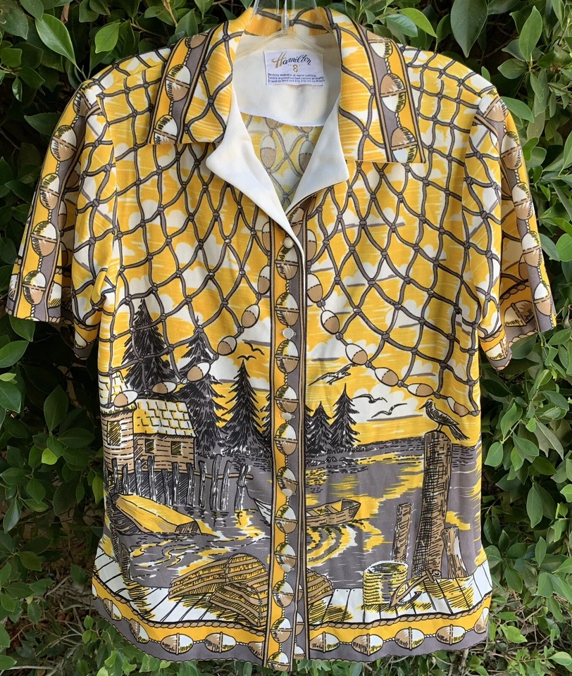 Vintage Hamilton 8 Forest Cabin Boat Water Nature Mod 60s MCM Blouse Top Shirt - Image 2 of 4