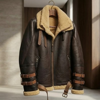 Men s Shearling Aviator B3 Bomber Jacket Real Sheepskin RAF Style Leather Coat