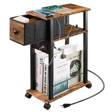 Side Table with Charging Station and Drawer, Narrow End Table with USB Ports ...