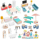 Wooden Dollhouse Furniture Set, 43 Pcs Doll House Furniture with 5 Family Dolls,