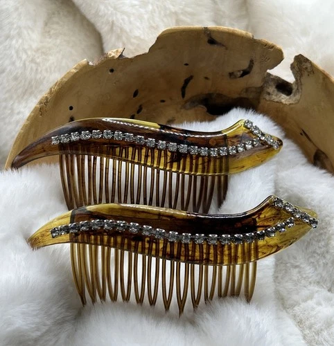 Set of Two Vtg Hair Comb Tortoiseshell Celluloid Rhinestones Estate Find