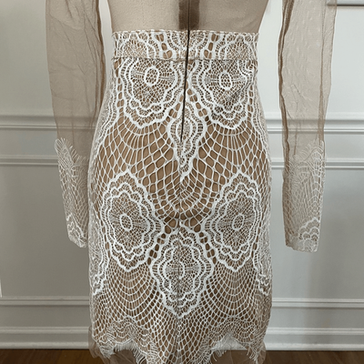 Luxxel Luxxel White Crochet Lace Nude Mesh Sheath Dress Long Sleeves XS | Sz: XS | Color: White tan Luxxel Luxxel White Crochet Lace Nude Mesh Sheath Dress Long Sleeves XS | Sz: XS | Color: White tan