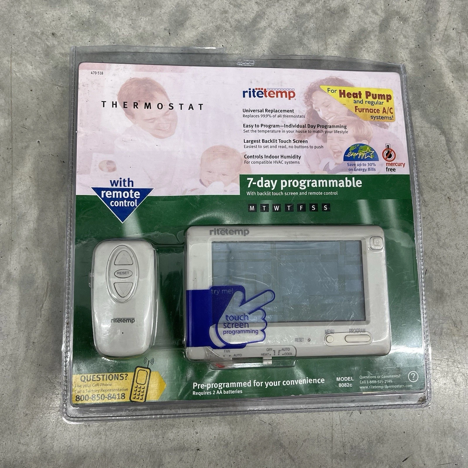 Ritetemp 7-Day Thermostat Programmable Touch Screen 8082c w/ Remote ~New