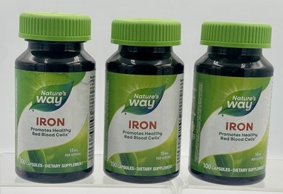 Lot of 3 Nature's Way Iron 18mg 100 Capsules Dietary Supplement EXP 04/28
