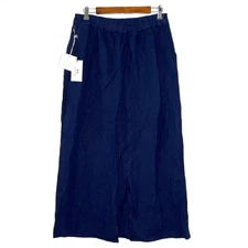 Halston womens 100% linen maxi skirt size M solid navy blue elastic waist