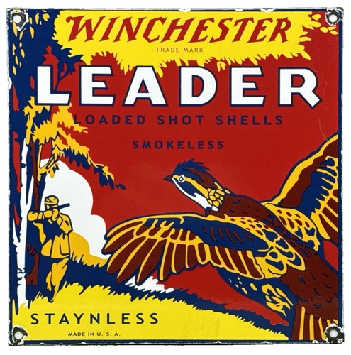 VINTAGE WINCHESTER PORCELAIN SIGN, AMMO, 12 GAUGE SHELLS, BIRD HUNTING, SHOT GUN