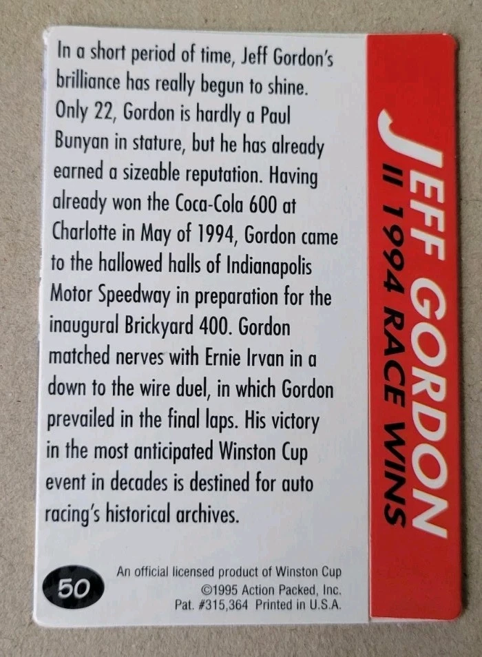 Jeff Gordon | 1995 Action Packed Winston Cup Preview #50 Hendrick Motorsports - Image 2 of 2