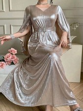 NEW Shiny Silver Satin Maxi Ruffle Sleeve Twirly Cinched Waist Dress PLUS 3XL