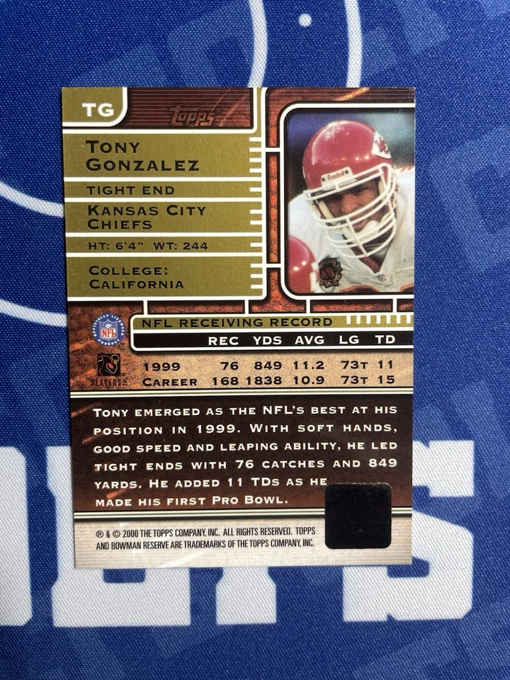 TONY GONZALEZ 2000 Bowman Reserve AUTOGRAPHS AUTO ON CARD RARE CHIEFS HOF - Image 2 of 2