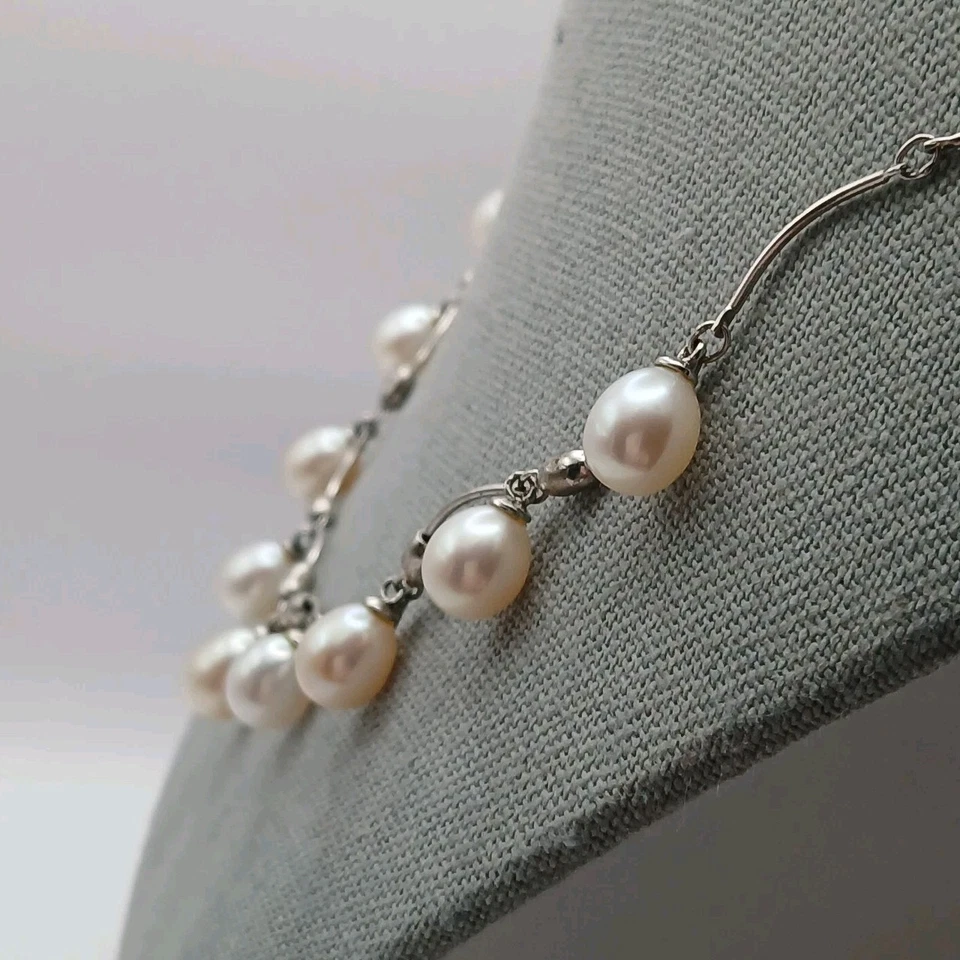 Collar colgante vintage de plata de ley 925 con cadena de eslabones de barra de 8 mm de perlas de 18" Foto 4 de 4