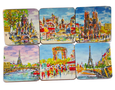 Vintage Set of 6 Dessous De Verres PARIS Coasters, Cork & Watercolor Art, NEW