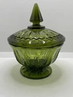 Vintage MCM Anchor Hocking Fairfield Avocado Green Glass Lidded Candy Dish