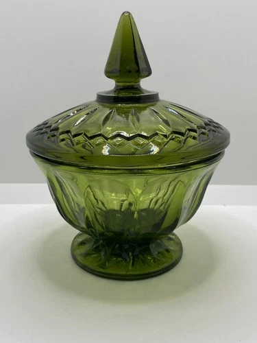 Vintage MCM Anchor Hocking Fairfield Avocado Green Glass Lidded Candy Dish