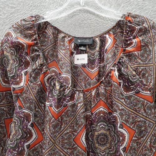 AB Studio Women Top XL Brown Floral Paisley Geometric Blouse Boho Flared Sleeve - Picture 3 of 8