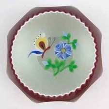 Perthshire 1990E Double Overlay Lampwork Butterfly Flower Faceted Paperweight