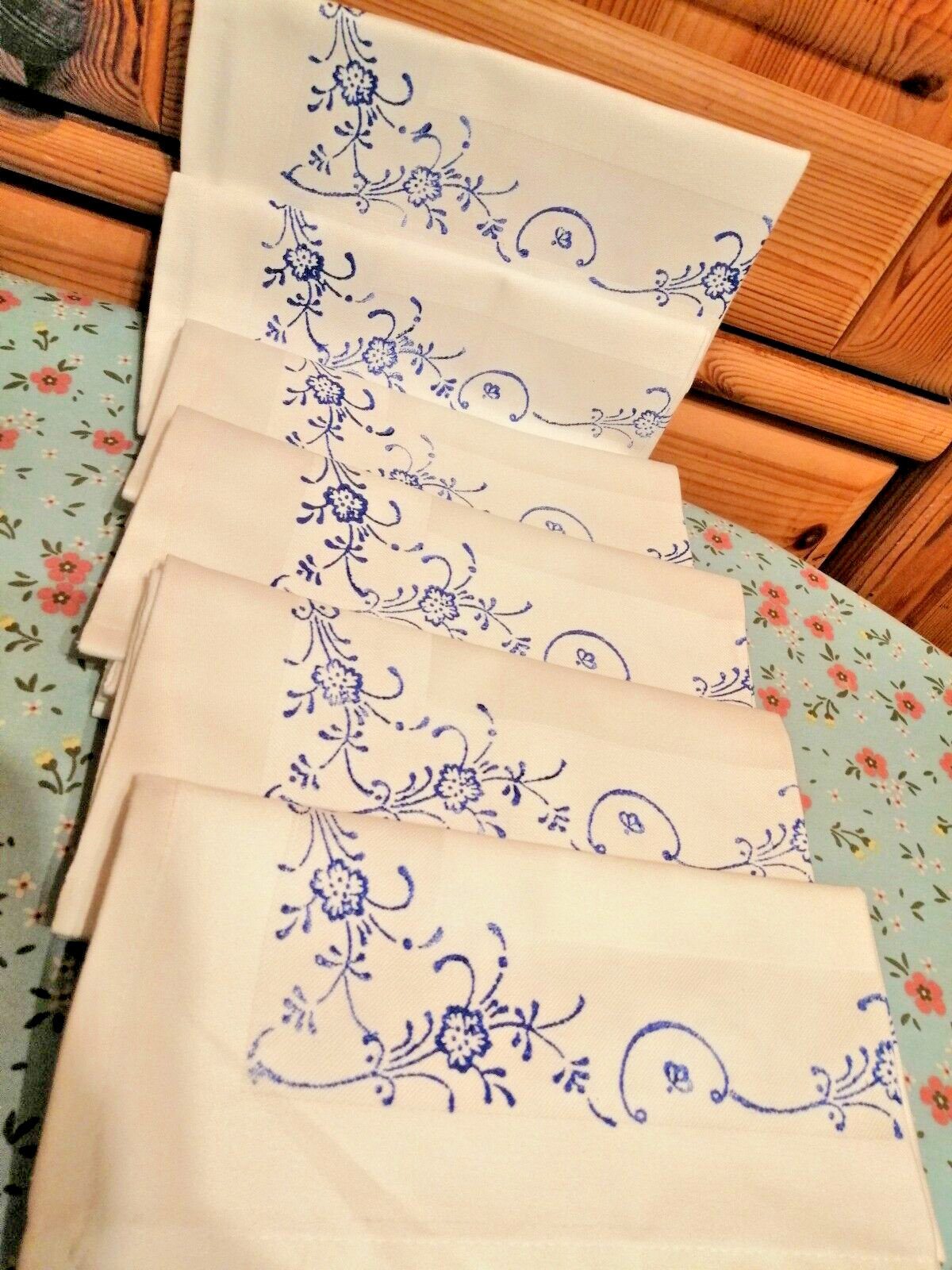 Blaudruck 6 Stoffservietten Damast alt Luxemburg 40 x 40 cm neu