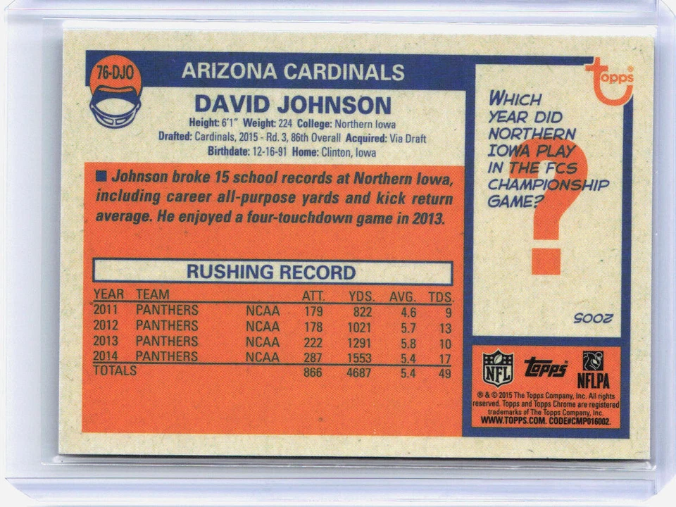 2015 Topps Chrome #76-DJO David Johnson 1976 Topps Football Refractors RC #d /99 - Image 2 of 2