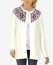 Woman Within Plus Size Ivory Cable Knit Fair Isle Cardigan Sweater 5X 38/40 