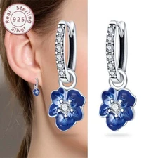 KUNSIR 925 Sterling Silver Blue Elegant Flower Drop Earrings For Women Girl Gift