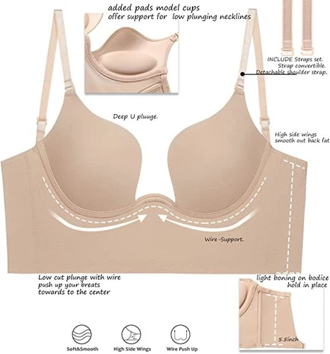 Women Low Back Bra Wire Lifting Deep U Backless Bra With Convertible Clear Strap - Picture 6 of 36