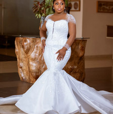 Plus Size White Mermaid Wedding Dresses Lacefull Satin Beaded Pearls Full Sleeve