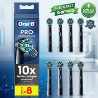New Oral-b Braun Pro Cross Action Toothbrush Replacement Heads Pack 8 Black