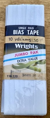 VTG Wrights Single Fold Bias Tape 10 YARD JUMBO PACK, White 30-Cotton Blend, NIP