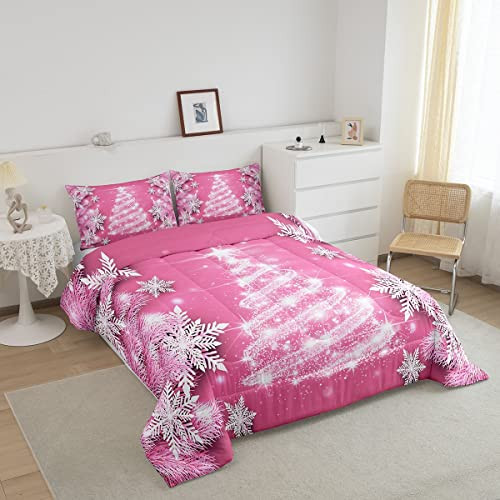 Christmas Tree Bedding Set Girls Pink Xmas Snowflake Comforter Twin Multi 30 - Picture 3 of 7