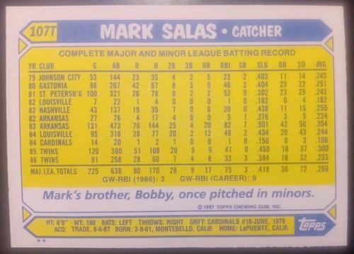 1987 Topps Traded #107T New York Yankees Mark Salas [5] Mint 06139 - Bild 3 von 7