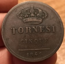 Moneta 5 Tornesi 1849, Regno Due Sicilie Ferdinando II, Rara, Rif. 9298