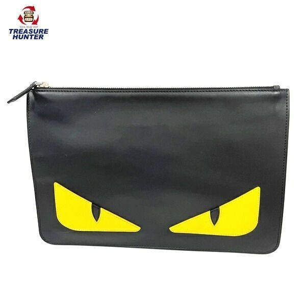 FENDI モンスター バグズアイ フラグメントケースBugs Eye GCあり FENDI Clutch Bag Monster Bugs Eye zip Leather color Black fashion
