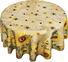 Giwawa Sunflower Bee round Tablecloth 60Inch Yellow Flower Vintage Floral Style 