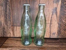 Green Glass Coca-Cola Bottle Salt & Pepper Shaker Set Vintage Collectible