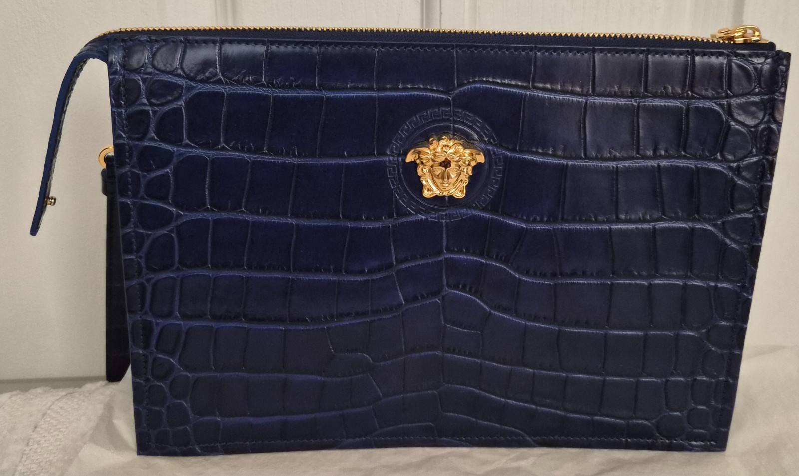 Authentic Versace crocodile La Medusa Large Wristlet Pouch Blue