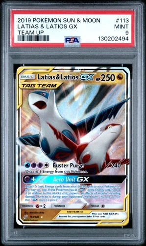 2019 POKEMON SUN & MOON TEAM UP #113 LATIAS & LATIOS GX PSA 9