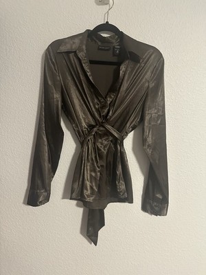Peplum Brown Long Sleeve Blouse Size 10 Wrap Bow Satin Look Night Out Career