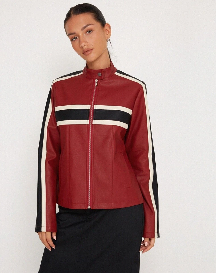 Women's Red Leather Jacket Biker Striped Moto Lambskin Coat - Image 3 of 4