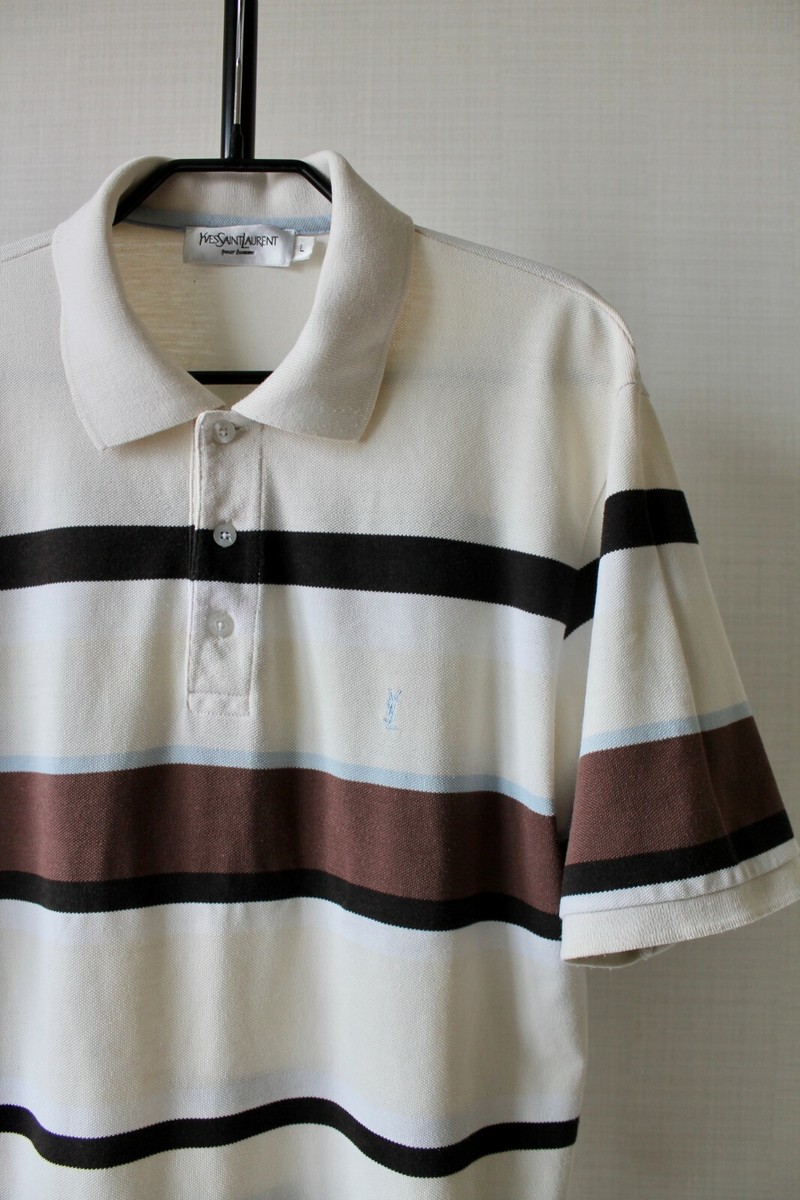 美品 14ss saint laurent paris ポロシャツ L グレー YSL Pour Homme Yves Saint Laurent Striped Vintage Polo shirt
