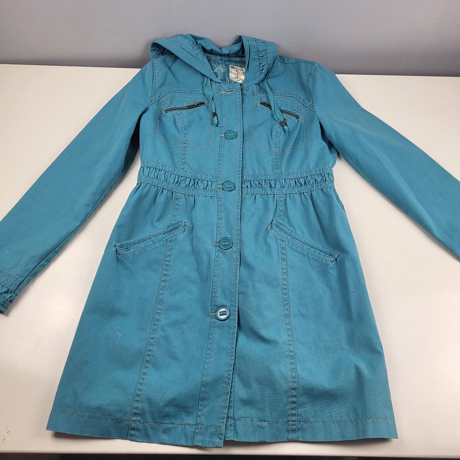 Anthropologie Tulle Jacket Women's Medium Teal 100% Cotton Hooded Long Button Up