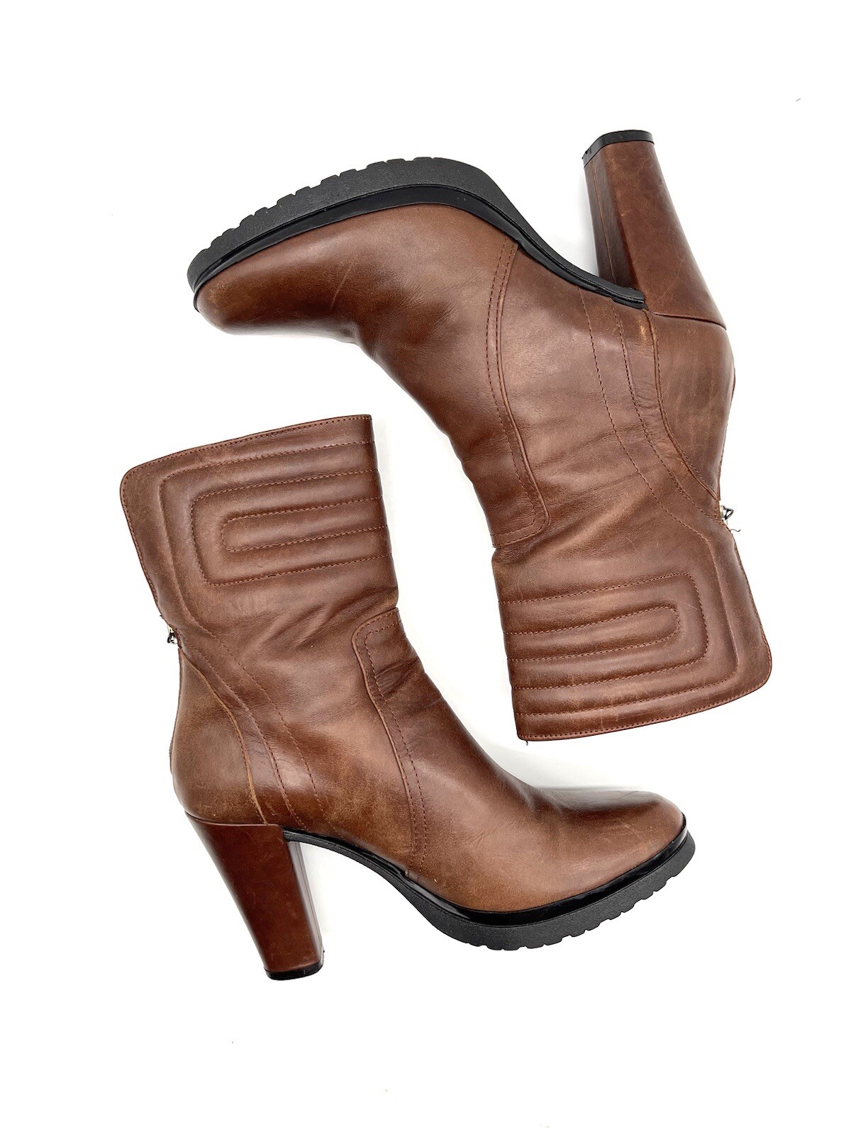 SAOLA Stivali Aquatalia Cognac in pelle marrone taglia 7 trapuntati metà polpaccio tacco alto blocco suola a strappo