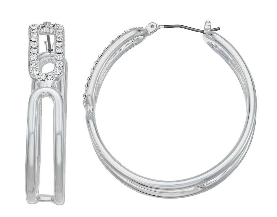 Pendientes de aro Nine West tono plata cristal estrás clip nuevos con etiquetas Foto 3 de 4