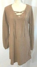 Miss Sparkling Dress Womens Khaki Laced V-Neckline Long Sleeve Ribbed Sweater