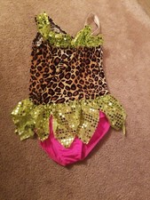 Dansco Dance Outfit Girls Small Leopard Print Pink Bottom Green Sequined